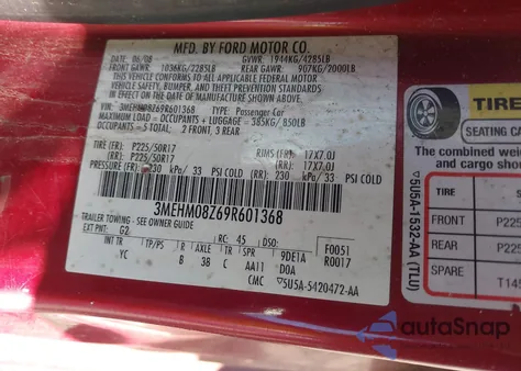 2009 Mercury Milan Premier z USA, uszkodzony, nr VIN 3MEHM08Z69R601368